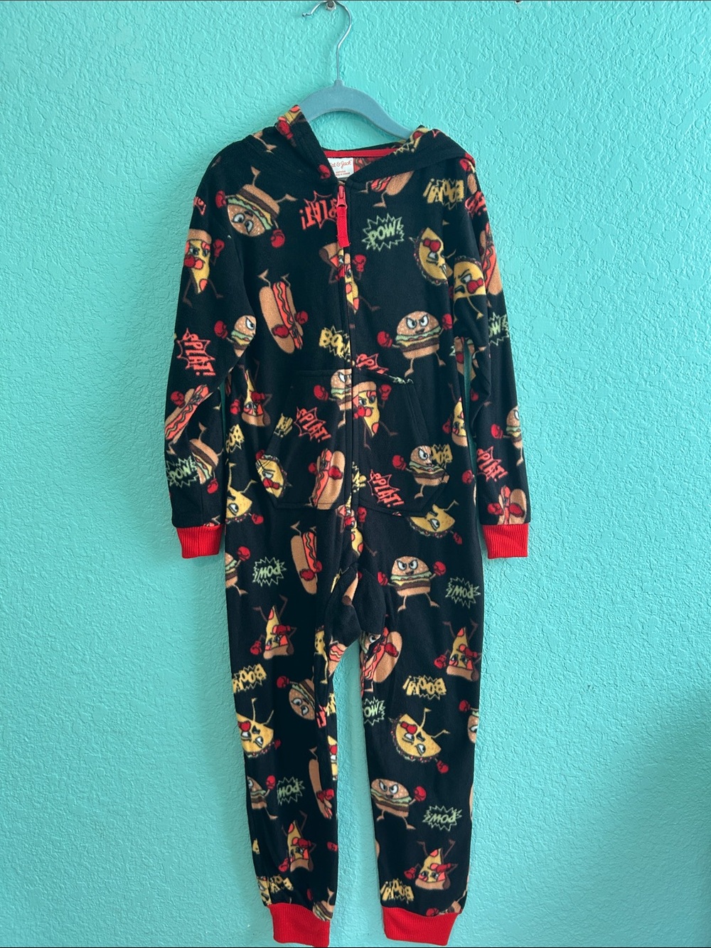 Cat & Jack Black Burger & Pizza Hooded One-Piece Footie with Red Accents